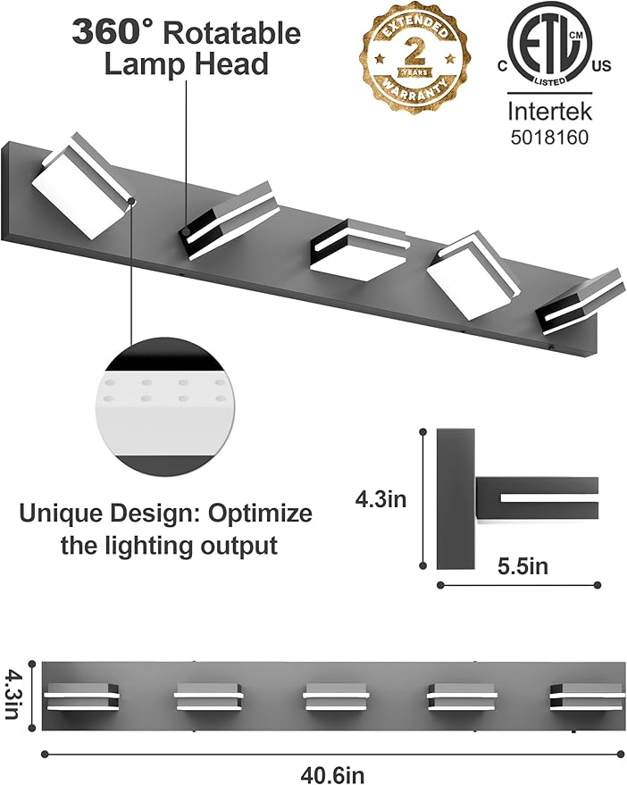 VOLISUN Modern 5-Light, 40-Inch Black Bathroom Vanity Light Fixtures Over Mirror, 5CCT Dimmable, Energy Efficient, ETL Certificated