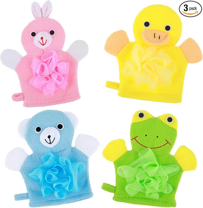 Dimeho Kids Bath Gloves, 4/2pcs Shower Gloves Loofah for Kids Exfoliating BathGlove Body Scrub Glove Exfoliating Scrubber BallEasy to Lather Lovely Animal Colorful Design (3)