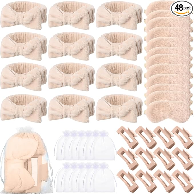 48 Pcs Spa Party Supplies Sleepover Essentials Gift for Mother's Day Spa Headband Plush Eye Mask Claw Clips Organza Bag for Women Adult Slumber Party Supplies (Khaki)