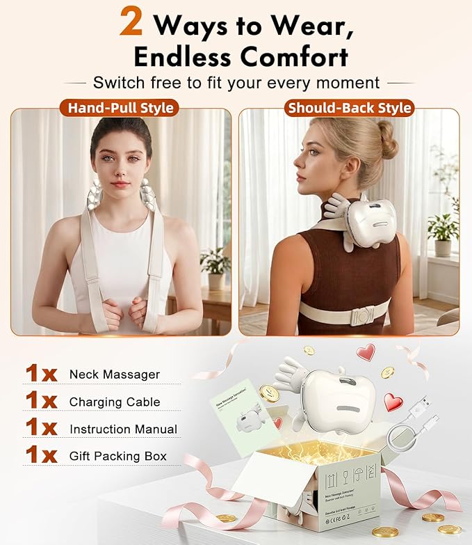 Wireless Neck Massager with Heat, Rechargeable Shiatsu Neck and Shoulder Massager for Pain Relief Deep Tissue, 4D Kneading Portable Back Massage with Simulated Human Hand Fingers for Muscle Relax Gift