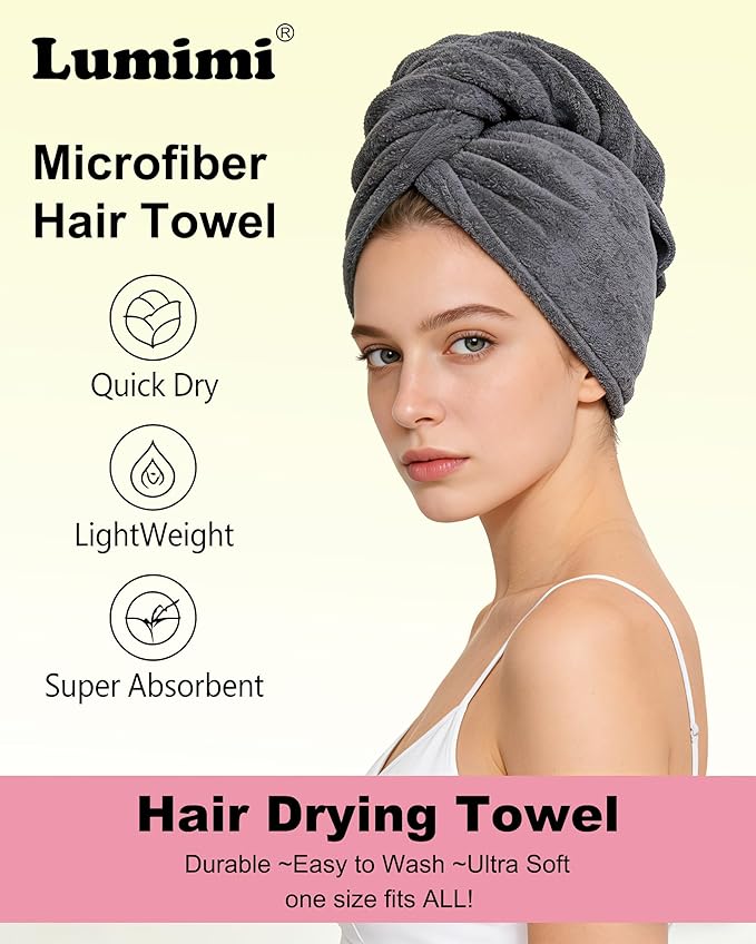 Lumimi Microfiber Hair Towel Wrap 4 Pack - Gym & Shower & Travel Quick Dry Turban, Secure Button Closure for Active Women, Anti-Slip Design for Thick/Curly Hair, Compact 25x65cm (4-Piece Set)