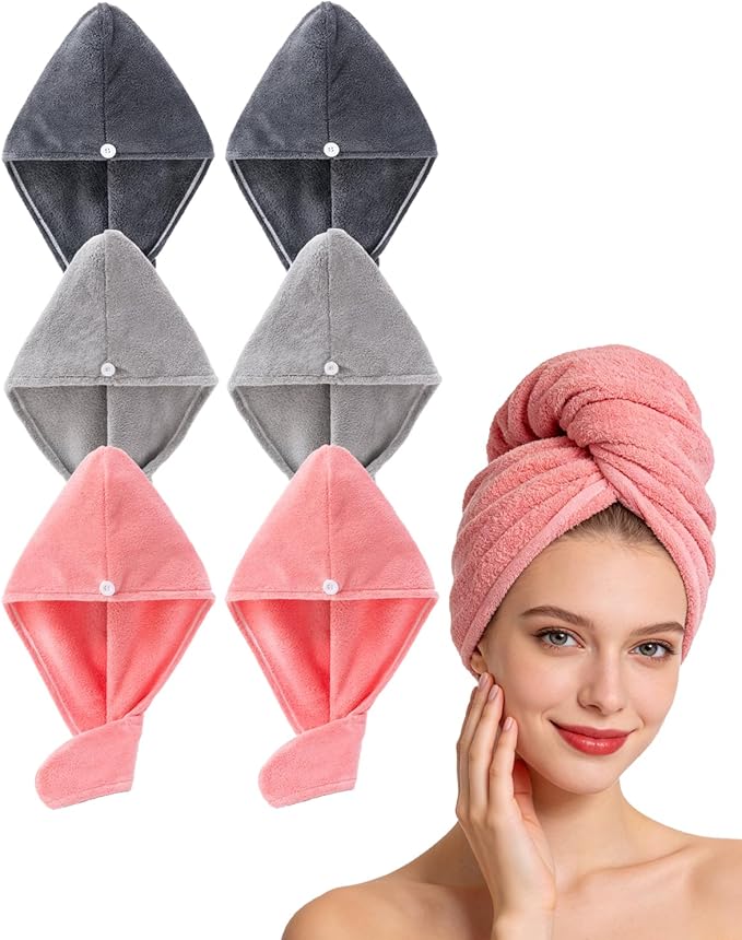 Lumimi 6 Pack Microfiber Hair Towel Wrap for Women,Super Absorbent Quick Dry Lightweight Turban with Button Anti Frizz Fast Drying for Straight Curly Hair