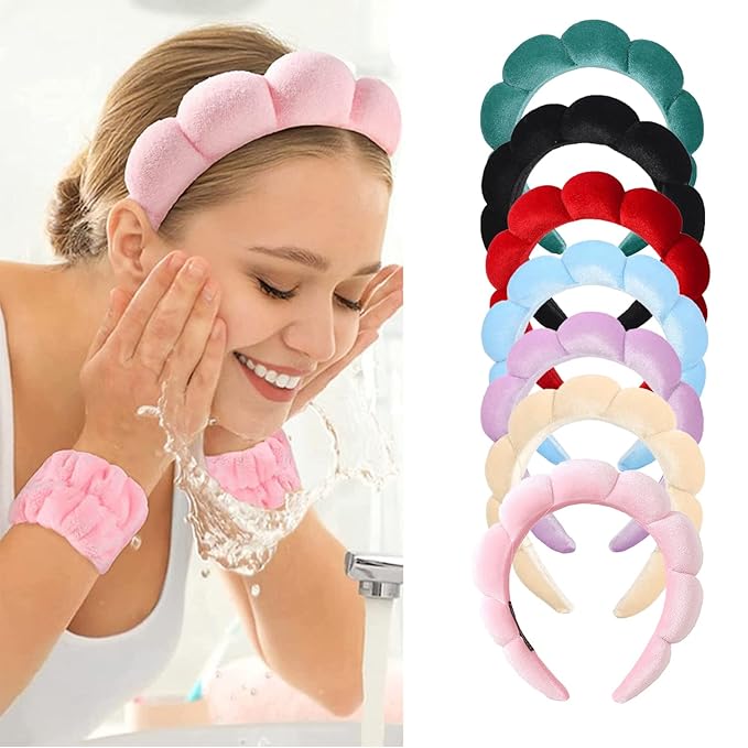 Luckybear Spa Headband for Washing Face, Velvet Makeup, Bubble Skincare With Face Wash Wristbands, Sponge Puffy for Women Skin Care - Purple