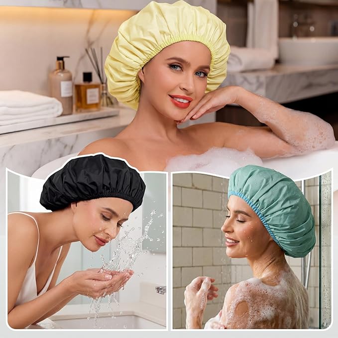 3Pcsk Reusable Waterproof Shower Cap for Women, Bath Cap for Long Thick Hair, Comfortable Hair Cover for Shower