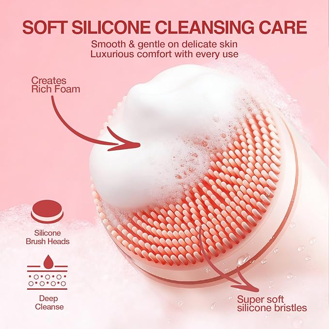 Electric Face Scrubber with Led Display & Facial Cleansing Brush - 6-in-1 Exfoliating Kit, 3 Speeds, IPX6 Waterproof Face Brush for Deep Cleaning, Massage & Gentle Exfoliation-Pink