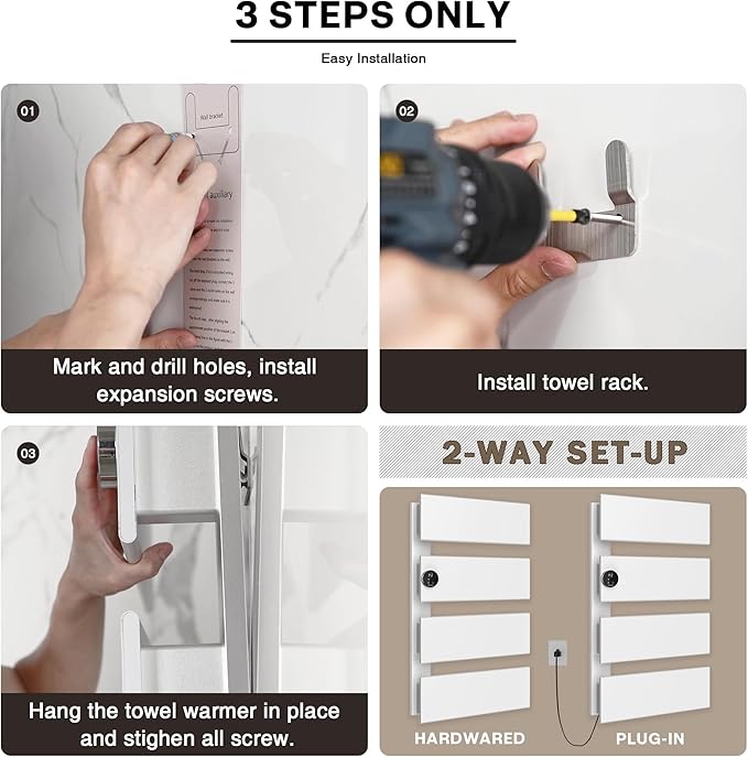 K&KALONZO Electric Towel Warmer, 18.35" W x 31" H Wall-Mounted Towel Heater with Built-in Timer, Waterproof Aluminum Towel Warmer for Bathroom, Support Plug-in and Hardwired, White, K4-L-W