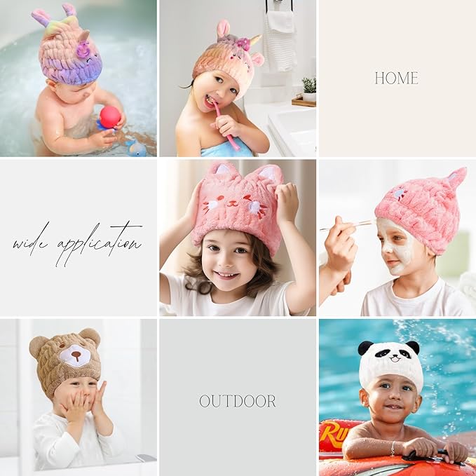 Microfiber Hair Towel Wrap for Kids, White Bear Dry Hair Cap Suck Water, Absorbent Quick Girls Boys Hair Drying Towel, Lightweight Bouncy Hat Headscarf for Wet Hair