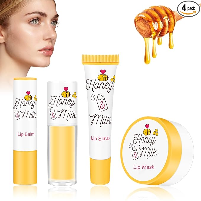 4 Piece Honey Milk Lip Mask Lip Balm Lip Scrub Lip Oil Lip Care Kit, Moisturizing & Nourishing Dry and Cracked Lips, Overnight Sleeping Lip Exfoliator Lip Moisturizer Lip Repair