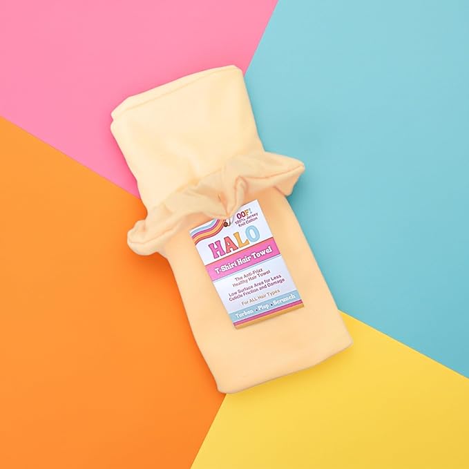 OOF! Halo T-Shirt Hair Towel | 100% Cotton Jersey Knit w/MoistureLock | No Microfiber | Reduce Cuticle Friction, Frizz & Breakage | Plopping Towel for Curly Hair | All Hair Types (Butter Yellow)