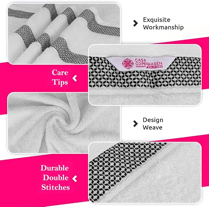 CASA COPENHAGEN Solitaire 6Pcs 100% Egyptian Cotton Large Designer Towels Gift Set- Snow White, 600GSM, 2Bath 2Hand 2Washcloths, Bath Towels for Bathroom Set for Women & Men