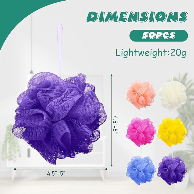Siifert 50 Pieces Bath Sponge Shower Loofahs Bulk Bath Luffas Exfoliating Body Scrubber Pack Colorful Mesh Balls Travel Cleaning Wash Puff Bathing Accessories for Kids Women Men Body Wash, 6 Colors