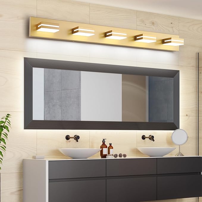 SineRise LED Modern Bathroom Vanity Light Fixtures (6-Light, 48-Inch), Matte Gold Modern Acrylic Bathroom Wall Lighting Fixtures Over Mirror (Cool White 6000K)