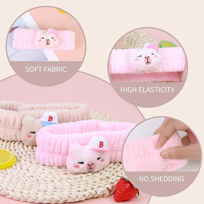 Spa Headband for Washing Face, 2 Pack Cute Halloween Hair Band for Shower Yoga Beauty, Fluffy Makeup Headband, Kawaii Facial Headbands for Woman Girls, Pink+Beige Capybara