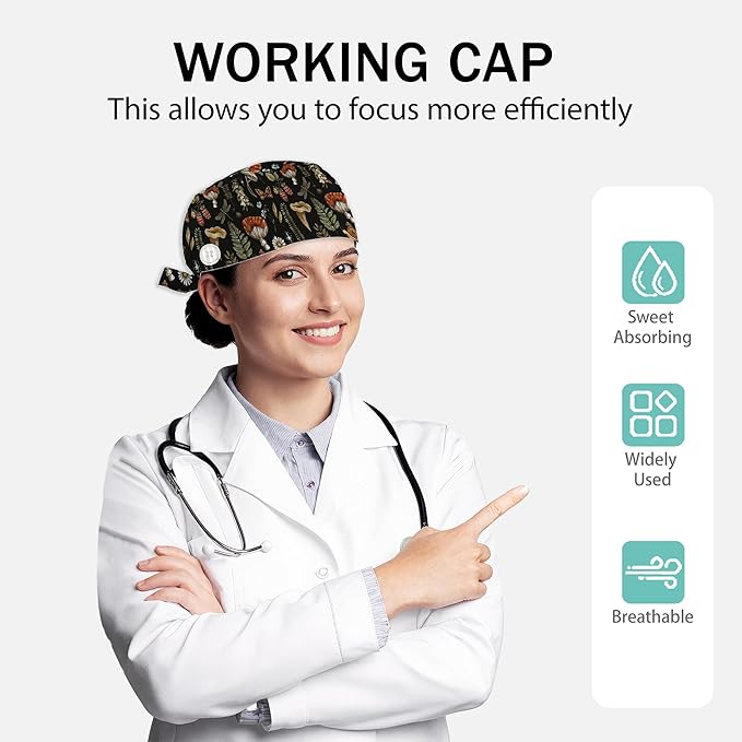 2 Pcs Working Cap with Sweatband for Women Men, Adjustable Cleaning Working Hats, Nurse Surgical Caps