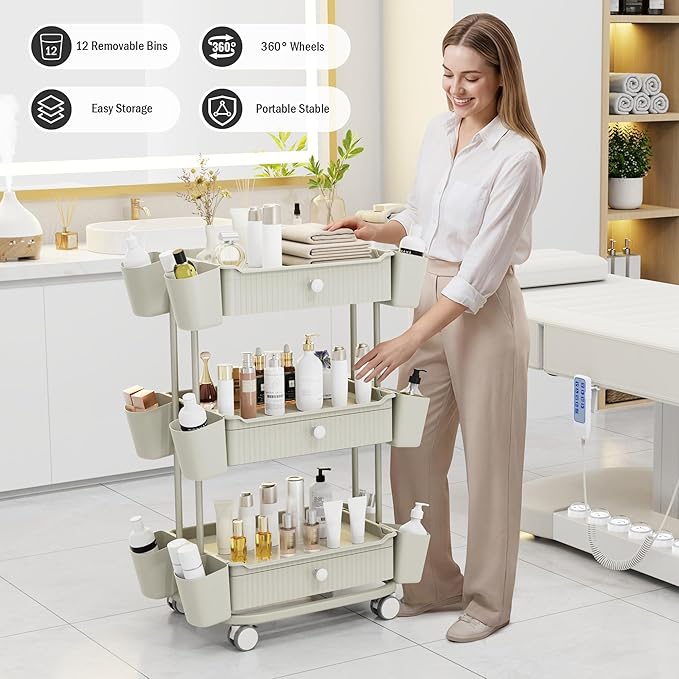 Dolonm 3 Tier Drawer Shelf Beauty Cart with 12 Movable Storage Organizer, Durable ABS, 360° Wheels for Salon Station for Hair Stylist, Beauty Salon, Spa Massage Parlor, Makeup Organizer - Beige Gray