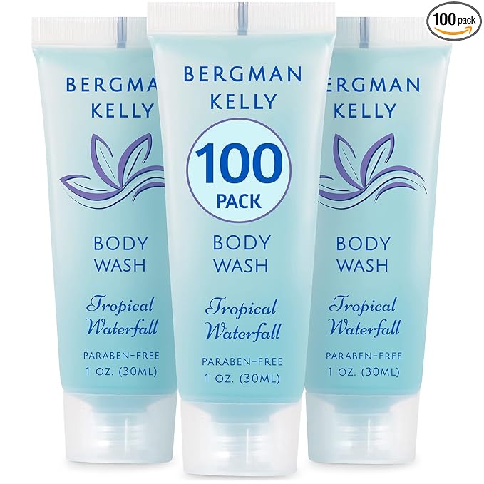 BERGMAN KELLY Travel Size Body Wash (1 fl oz, 100 PK, Tropical Waterfall), Delight Your Guests with an Invigorating and Refreshing Hotel Body Wash, Mini and Small Size Guest Hotel Toiletries in Bulk