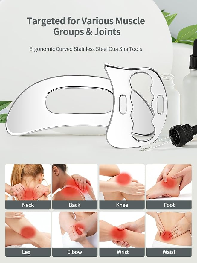2-in-1 Stainless Steel Gua Sha Massage Tool Set, Muscle Scraper & IASTM Tools for Soft Tissue Mobilization, Myofascial Release, Body Skin Massage, Physical Therapy Sore Muscle Relief with Travel Pouch