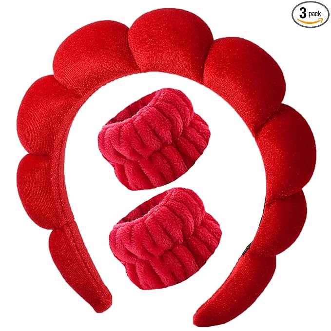 Luckybear Spa Headband for Washing Face, Velvet Makeup Headband with Face Wash Wristbands - Red