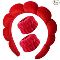Luckybear Spa Headband for Washing Face, Velvet Makeup Headband with Face Wash Wristbands - Red