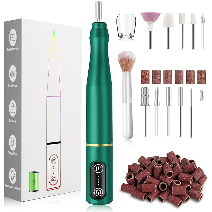 TUOBEO Cordless Nail Drill Electric Rechargeable File Kit, Professional Efile Acrylic Gel Nail Polish Remover Pedicure Manicure Machine Portable Set with 11 Bits 56 Sanding Bands Salon Blackish Green