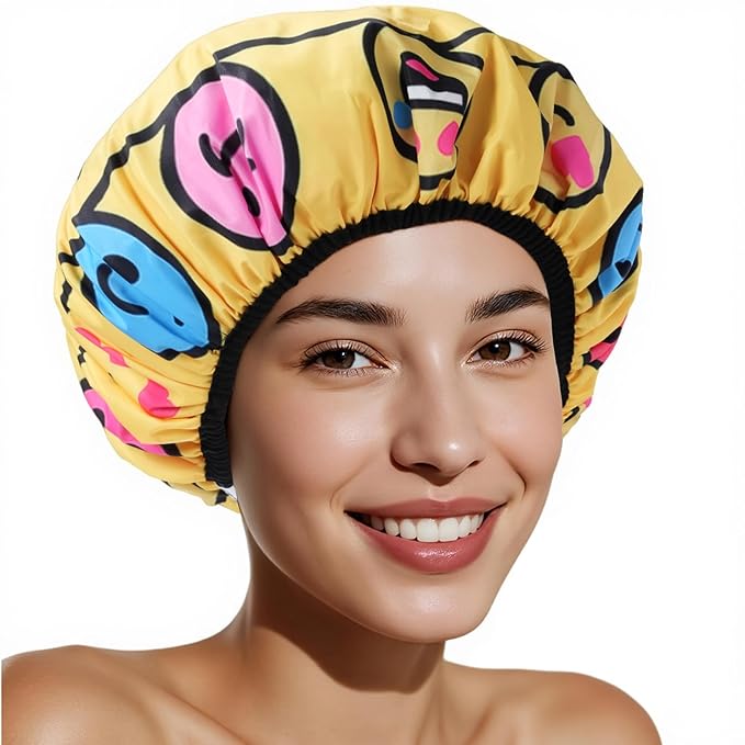 Years Calm Waterproof Shower Cap for Women - Double Sided Design for Long Thick Hair, Secure Fit & Flexible Elastic Band, Reusable Bath Cap for Shower, Spa, Travel (Mood Switch 6)