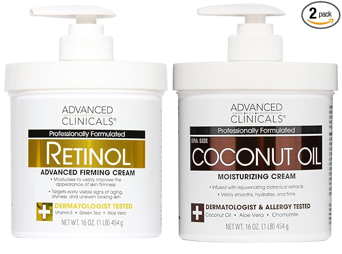 Advanced Clinicals Unscented Retinol Body Lotion & Face Moisturizer + Coconut Oil Body Cream For Women & Men | 2PC Skincare Set Helps Reduce Appearance Of Crepey Skin + Irritated Dry Skin, 2pc Set