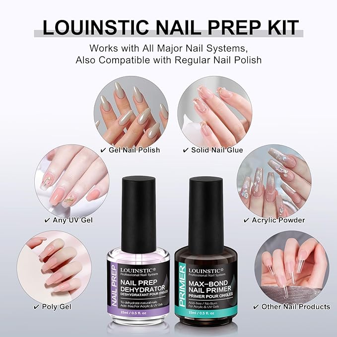 LOUINSTIC Nail Prep Dehydrator and Acid-Free Primer, Quick-Dry & Safe for Nails, for UV Gel, Acrylic, Gel Nail Polish & Press-On Nails Hema-Free – Professional Salon & DIY Manicure Kit, 15ml
