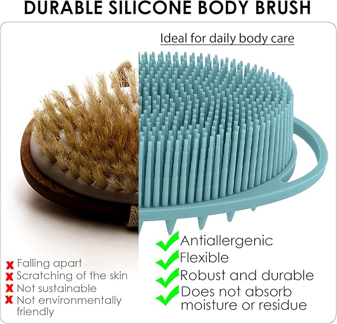 RamPula Silicone Body Scrubber, Silicone Loofah, Quick-Dry Exfoliating Body Brush for Wet or Dry Brushing, More Hygienic Than Traditional Loofah, Long-Bristle Brush, Eucalyptus Green and Starlight