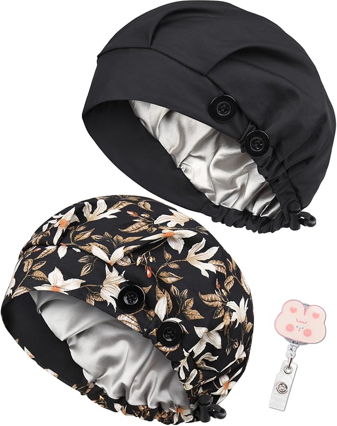 2 Pack Satin Lined Bouffant Scrub Caps with Buttons, Adjustable Scrub Caps for Women Men