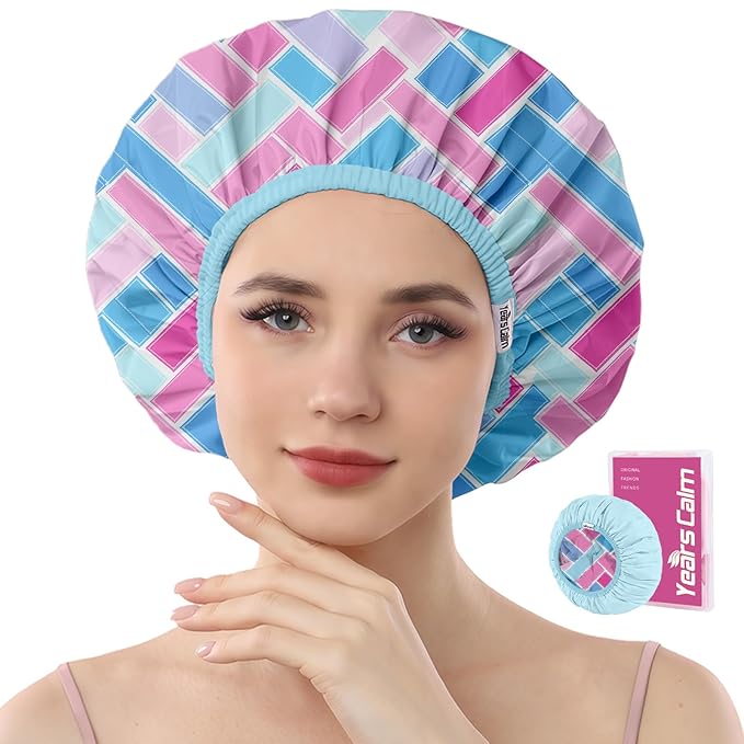 Years calm Waterproof Shower Cap for Women - Double-Layer Reusable Bath Cap with Elastic Band for Long/Short/Curly/Braids Hair, Washable & Travel-Friendly, Fit for Shower, Spa (Lattice Shower Cap)