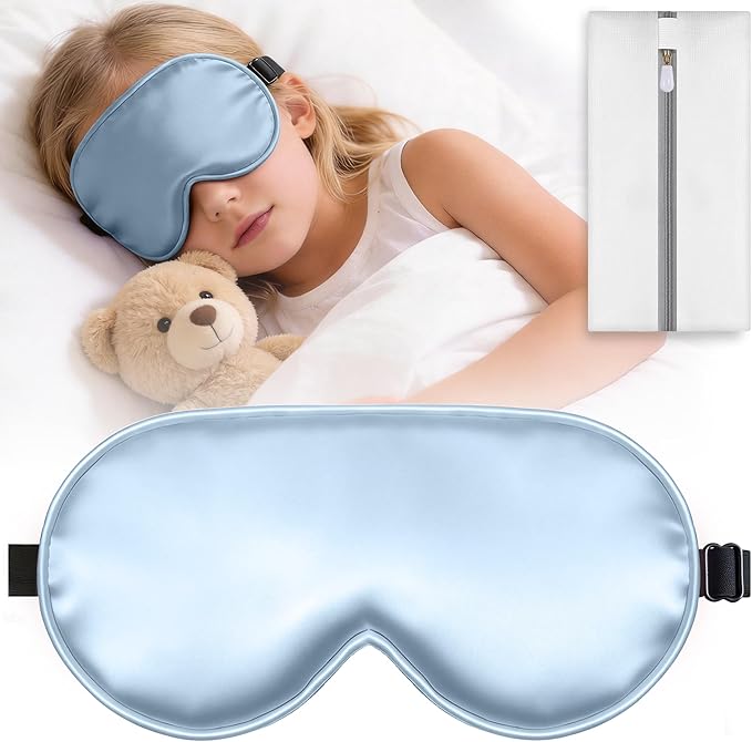 Kids Sleep Mask, Kids Eye Mask for Boys Girls, Kid Silk Eye Masks with Adjustable Strap for Sleeping, 100% Light-Blocking Sleep Eye Cover, Includes Protective Laundry Bag (Blue)