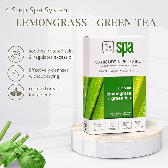 Lemongrass + Green Tea 4-in-1 Manicure & Pedicure Spa Set – Exfoliate, Hydrate & Refresh Skin | Dead Sea Salt Soak, Sugar Scrub, Moisture Mask & Massage Cream | Professional & Home Uses
