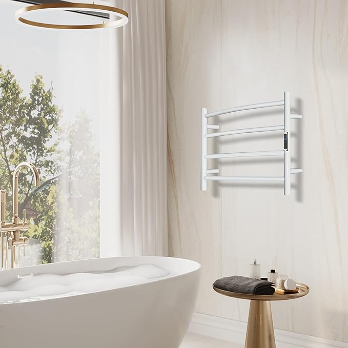 Towel Warmer with Built-in Timer Bathroom Wall Mounted Bath Towel Heater Plug-in Electric Heated Towel Rack Stainless Steel Curved Round Oil Rubbed Drying Rack 16.54x23.62x5.51 inches White
