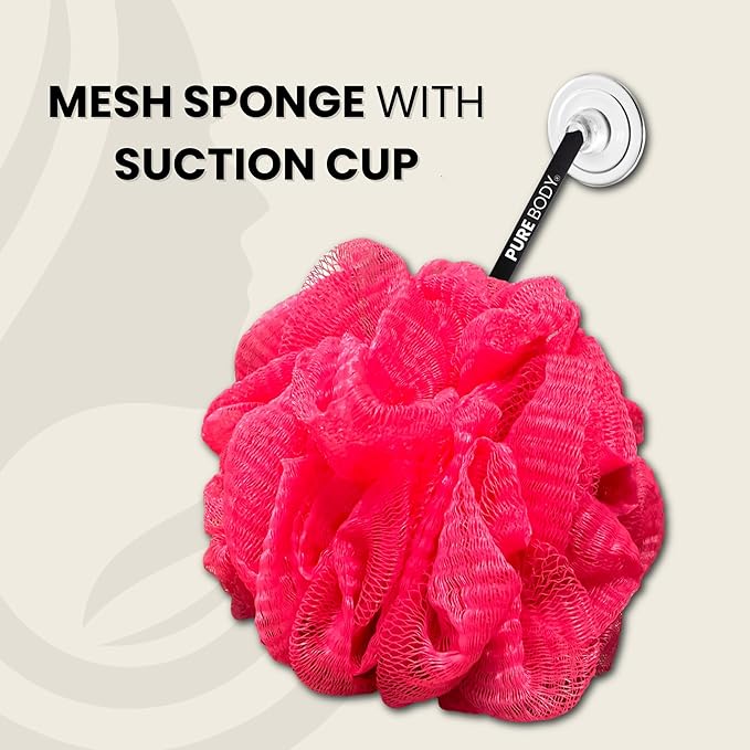 Pink Bath Sponge Pack of 3 – Large Exfoliation Loofahs with Suction Cup for Easy Drying, 70G Mesh Poufs for All Skin Types, Lather for Daily Use