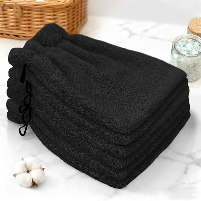 VOOVA & MOVAS Black Washcloths for Body 6PC, 8.3"x6.3" - 100% Cotton,Soft Absorbent Bath Mitt Wash Cloths with Hanging Loop, Bath Mitts for Shower