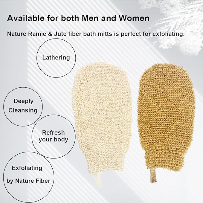 Bath Gloves for Shower - Bath Mitts Washcloths - Bath Gloves Exfoliating for Women and Men - Body Scrubbers for Use in Shower - Ramie and Jute Fiber - 2 Pack