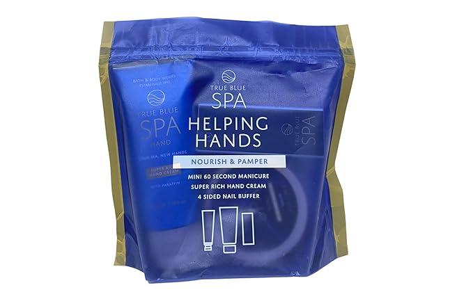 Bath & Body Works Spa Helping Hands True Blue Spa Gift - Super Rich Hand Cream, 60 Second Manicure Hand Scrub and 4-sided nail buffer - Travel Size - with a Natural Oats Sample Soap