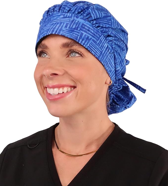 Sparkling EARTH Banded Bouffant Surgical Scrub Ponytail Working Caps and Built-in Sweatband - 100% Cotton - Made in The USA