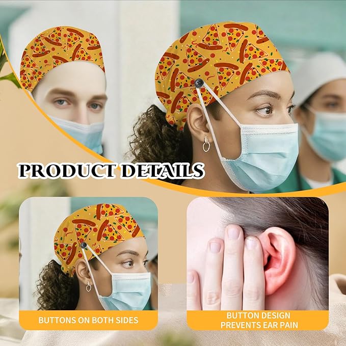 Adjustable Scrub Cap with Buttons & Sweatband, Working Hat with Elastic Tie Back, Unisex Nurse Surgical Caps for Women & Men