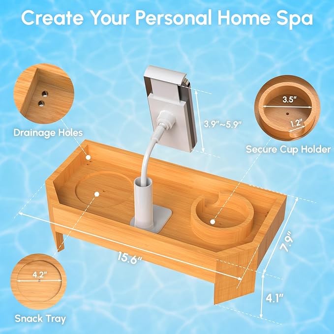 Vespara Bamboo Hot Tub Tray Table with Adjustable Phone Holder, Non Slip Hot Tub Table Spa Gifts for Women, Bathtub Canddy Tray with Wine Glass Holder Tray for Luxury Bathtub& Bathroom Accessories
