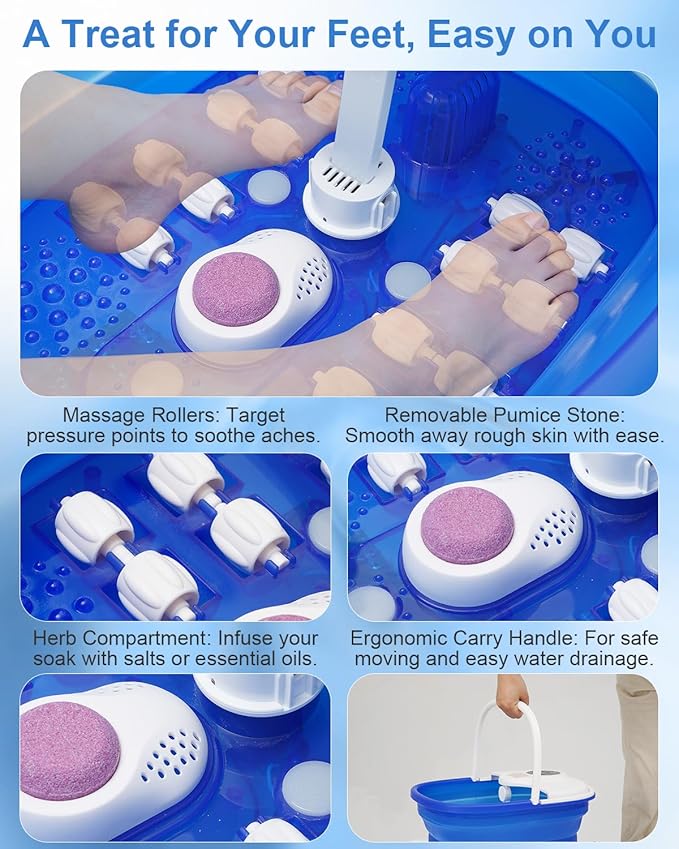 Misiki Collapsible Foot Spa Bath with Heat, Remote Control & 16 Massage Rollers, Fast Heating Pedicure Tub for Relaxing Tired Feet, Foot Soaker with Surf & Red Light, Fits Men Size 12 (Royal Blue)