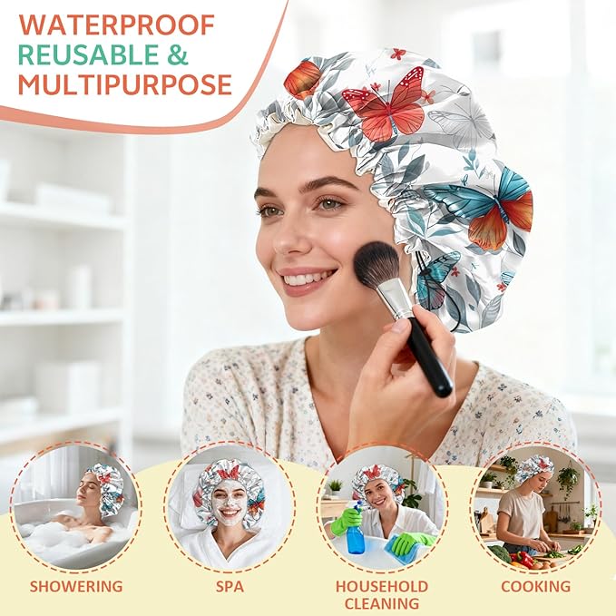 Shower Cap Reusable Double Layer Adjustable Elastic Waterproof EVA Hair Bath Caps for Women Girls Cute Aesthetic-Butterfly