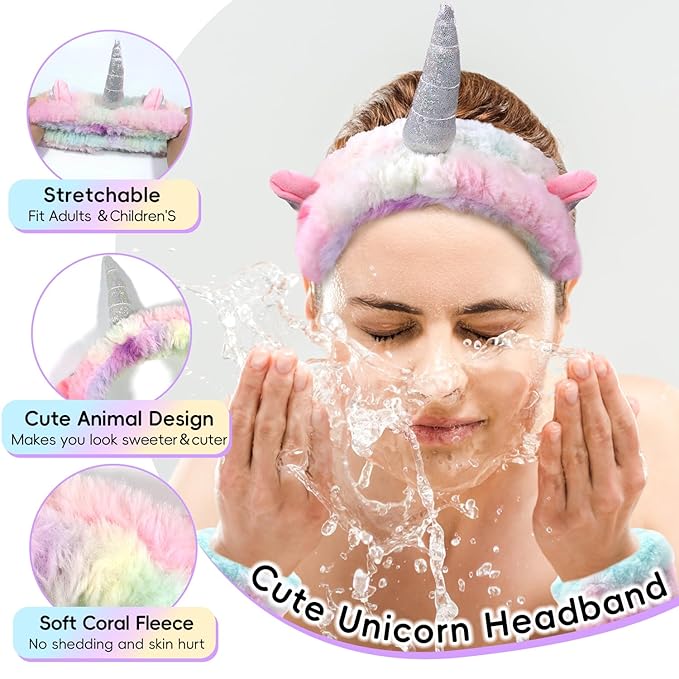 my novel things Face Wash Headband Set With Wrist Bands and Hair Scrunchie - Cute Rainbow Elastic Spa Hair Bands for Washing Face, Makeup, Skincare