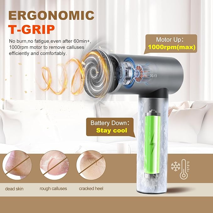 Premium Electric Foot Callus Remover, Ergonomic T-Grip 2600mAh Rechargeable 3 Speeds All Metal Foot File for Dead Skin Cracked Heels Pedicure Sander at Home with 60pcs Sandpaper Pads (Grey)