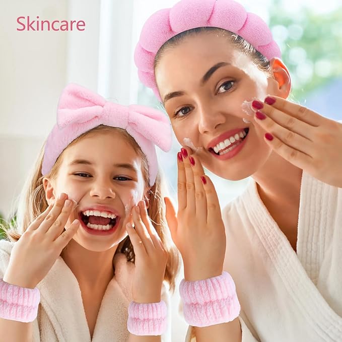 6 Pcs Elastic Microfiber Spa Headband Set for Women - Makeup, Skincare, Face Wash Wristbands, Beauty.(pink)