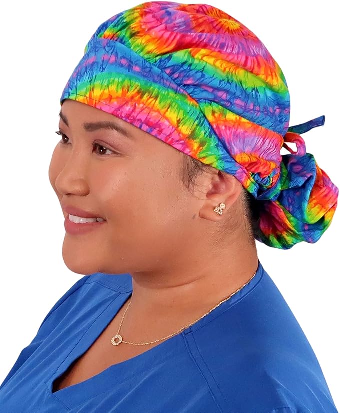 Sparkling EARTH Banded Bouffant Surgical Scrub Ponytail Working Caps and Built-in Sweatband - 100% Cotton - Made in The USA