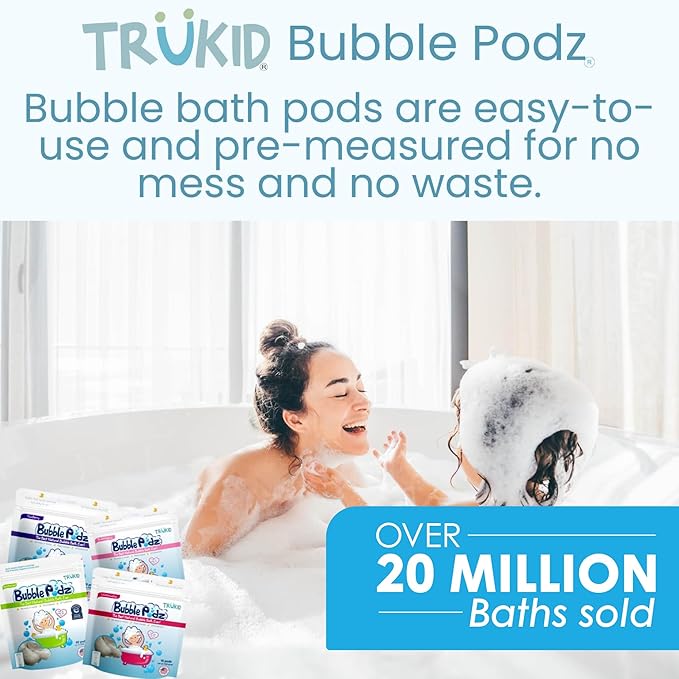 TruKid Bubble Podz Bubble Bath for Kids, Toddlers, & Babies, Tear Free Gentle & Refreshing Bath Bomb for Sensitive Skin with Natural Moisturizers, Non-Toxic, pH Balanced, Watermelon Scent (10 Podz)