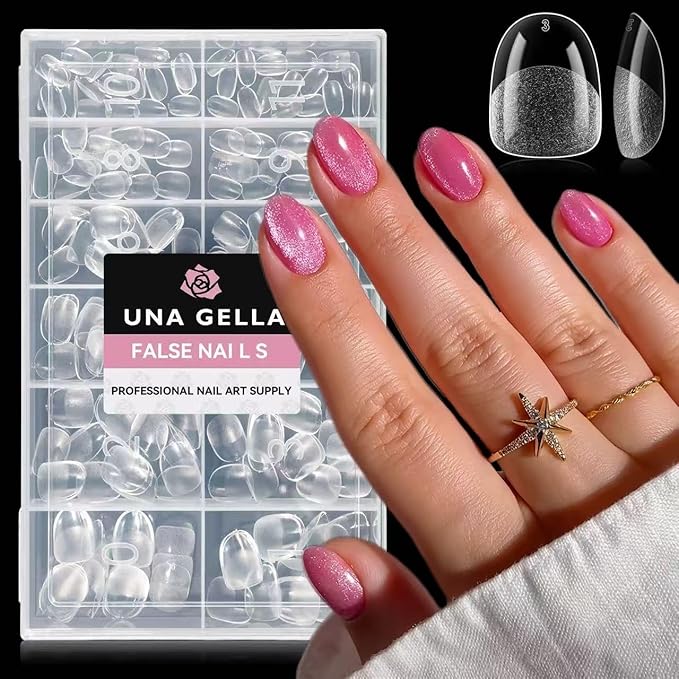 UNA GELLA Extra Short Oval Nail Tips, Pre-Etched Round Clear Fake Nails 216pcs Soft Gel Acrylic Nail Tips Full Cover False Ultra Short Gel Nail Tip for Beginners Nail Salon Extensions 12 Sizes