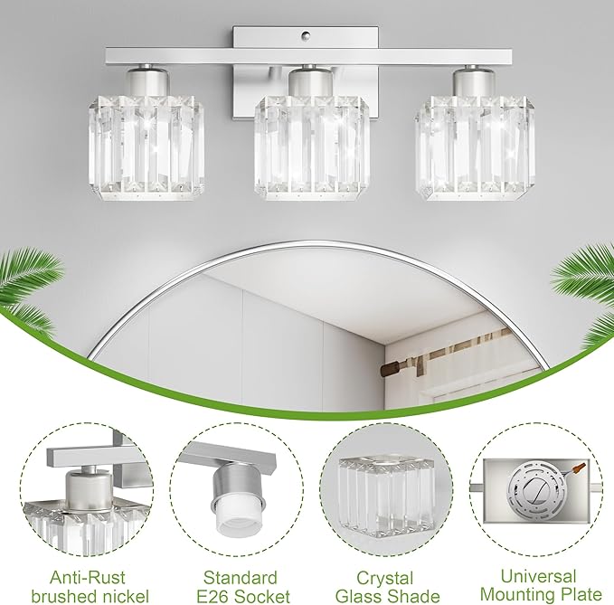 comzler 3-Light Bathroom Light Fixtures Over Mirror, Brushed Nickel Crystal Wall Sconce with E26 Base for Mirror Kitchen Living Room Bathroom, Square Crystal Shades (Bulbs Excluded)