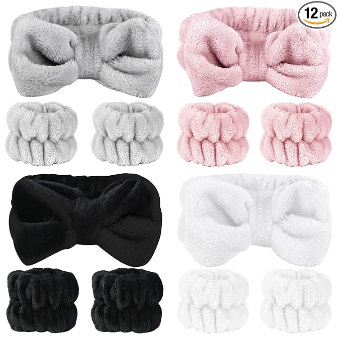SLNZAPTY 12 PCS Face Wash Headband Wristband Set for Women Girls, Soft Microfiber Facial Spa Hair Wraps Makeup Skincare Bath Headbands Wrist Bands for Washing Face（White, Pink, Gray, Black）